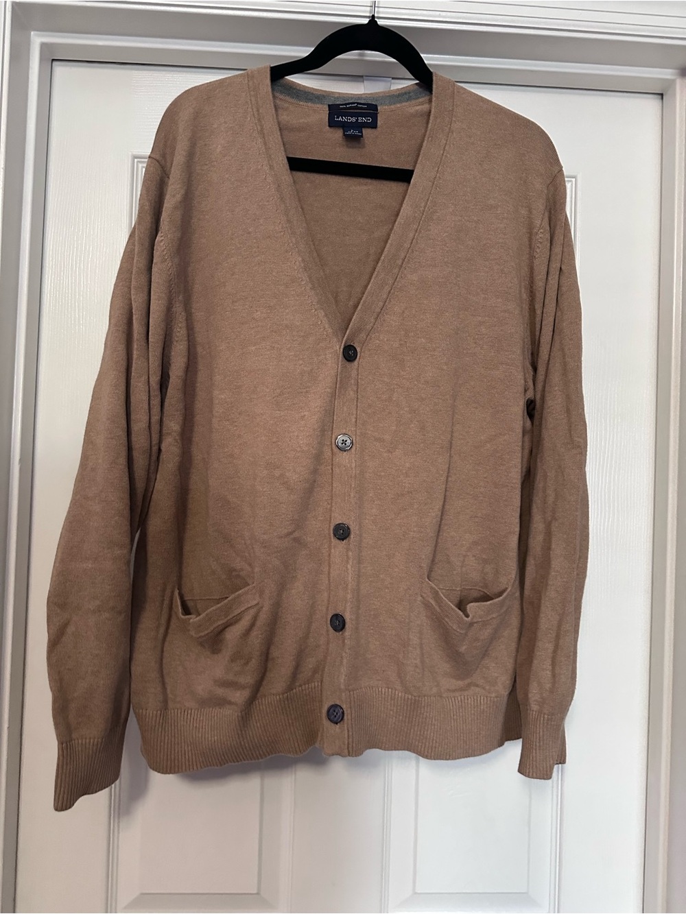 Lands' End Men's 100% Pima Cotton Tan V-Neck Button-Front Cardigan - Size Large